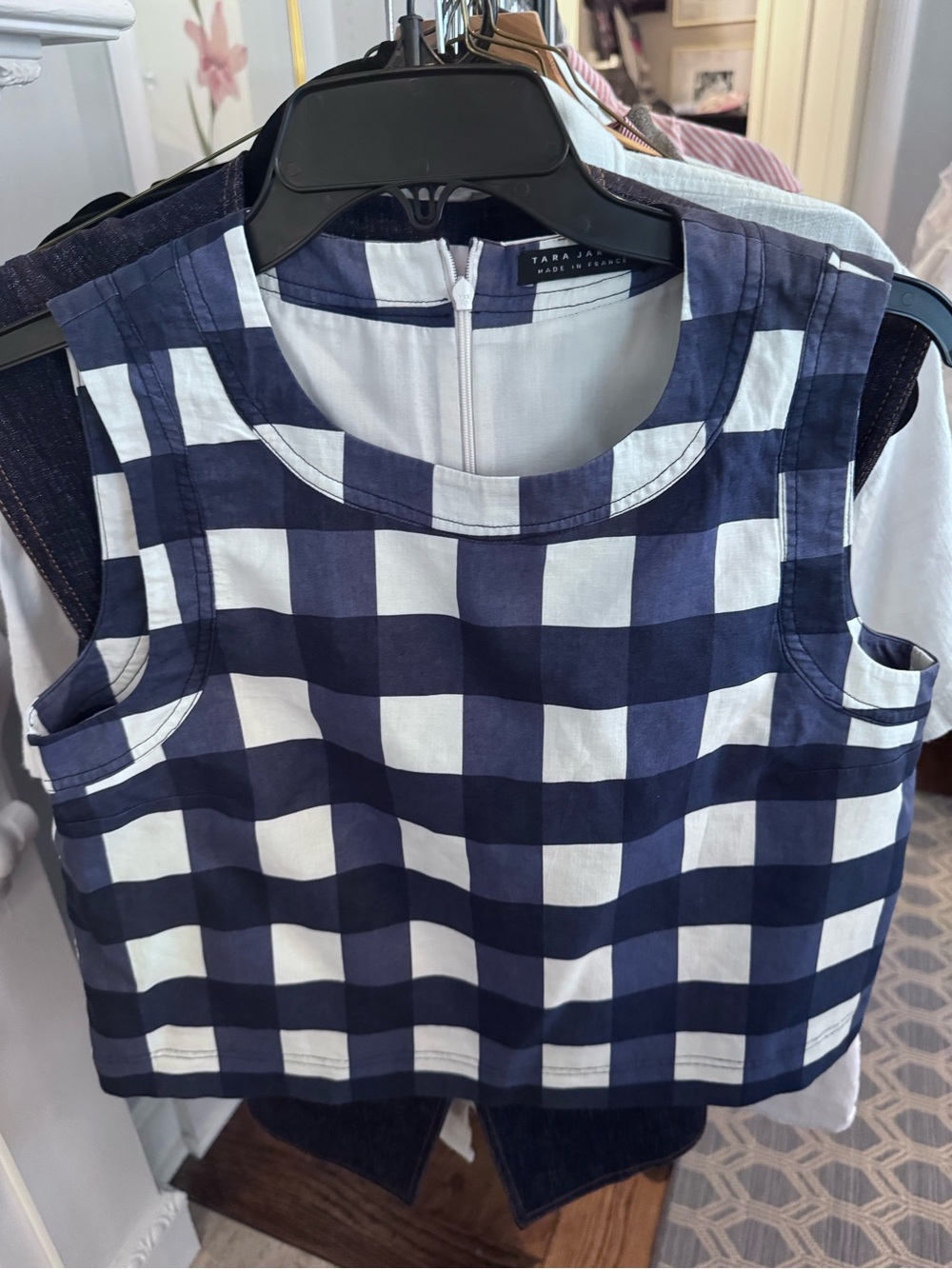 Tara Jarmon Navy and White Gingham Sleeveless Crop Top
